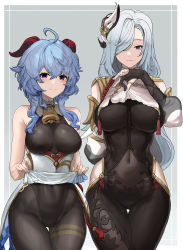 Rule 34 | 2girls, :|, absurdres, ahoge, armor, armpit crease, bare shoulders, bell, black bodysuit, black gloves, blue eyes, blue hair, blush, bodysuit, braid, breasts, chinese knot, chroong, closed mouth, clothing cutout, covered navel, cowbell, crop top, crop top overhang, curled horns, elbow gloves, expressionless, fingernails, ganyu (genshin impact), genshin impact, gloves, goat horns, gold trim, grey background, hair ornament, hair over one eye, highres, hip vent, horns, large breasts, lifting own clothes, long hair, long sleeves, looking at viewer, low-braided long hair, low-tied long hair, multiple girls, navel, neck bell, pantyhose, partially fingerless gloves, puffy long sleeves, puffy sleeves, purple eyes, shenhe (genshin impact), shoulder cutout, side cutout, sidelocks, silver hair, simple background, smile, solo, tabard, tassel, very long hair