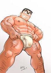 Rule 34 | 1boy, abs, arm hair, back hair, bara, black hair, briefs, bulge, facial hair, feet out of frame, finger under clothes, from below, hairy, hikoero777, huge eyebrows, knuckle hair, kochikame, leg hair, male focus, male underwear, mature male, muscular, muscular male, mustache stubble, navel, navel hair, nipples, ryoutsu kankichi, short hair, solo, standing, stomach, strongman waist, stubble, thick thighs, thighs, topless male, underwear, unibrow, white male underwear