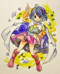 Rule 34 | 1girl, aura, blue eyes, blue hair, blush, boots, cloak, dress, full body, hairband, highres, index fingers raised, key747h, knee boots, long sleeves, multicolored clothes, multicolored dress, multicolored hairband, one-hour drawing challenge, open mouth, patchwork clothes, rainbow gradient, red footwear, short hair, sky print, smile, solo, tenkyuu chimata, touhou, traditional media, white cloak