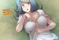 Rule 34 | 1girl, aqua eyes, blue hair, blush, breasts, cleavage, collarbone, commentary request, creatures (company), ero kaeru, freckles, from above, game freak, grass, hair ornament, hard-translated, lana&#039;s mother (pokemon), long hair, looking at viewer, lying, mature female, mature female, nintendo, no sclera, on back, open mouth, pokemon, pokemon (anime), pokemon sm (anime), shirt, shirt grab, short sleeves, solo, third-party edit, tongue, translated