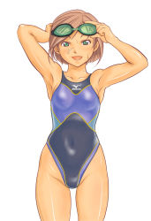 Rule 34 | 1girl, aqua eyes, armpits, bad id, bad pixiv id, bob cut, brown hair, competition swimsuit, face, goggles, goggles on head, green eyes, mizuno (brand), one-piece swimsuit, original, shoko (moccom), short hair, smile, solo, swimsuit, wet