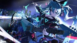 Rule 34 | 1girl, animal ear headphones, animal ears, black jacket, blue eyes, blue hair, blue nails, building, cat ear headphones, city, city lights, closed mouth, commentary, cowboy shot, dutch angle, electric guitar, fake animal ears, floating hair, glint, guitar, hair between eyes, hatsune miku, headphones, headset, highres, holding, holding instrument, holding plectrum, instrument, jacket, jiu ye sang, long hair, long sleeves, looking at viewer, microphone, nail polish, neon trim, night, night sky, outdoors, outstretched arm, plectrum, sidelocks, sky, skyline, skyscraper, solo, star (sky), starry sky, symbol-only commentary, twintails, v-shaped eyebrows, vocaloid, zipper, zipper pull tab