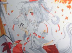 Rule 34 | 1girl, animal ears, beluo77, commentary request, detached sleeves, fang, feet out of frame, fingernails, food, food on face, from side, grey hair, hand up, hat, high collar, holding, holding food, inubashiri momiji, leaf, long fingernails, looking at viewer, maple leaf, marker (medium), onigiri, open mouth, pom pom (clothes), red eyes, red hat, red skirt, rice, rice on face, shield, shirt, short hair, skirt, solo, squatting, sword, tail, tokin hat, touhou, traditional media, weapon, white background, white shirt, wide sleeves, wolf ears, wolf tail