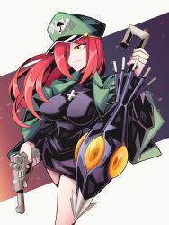 Rule 34 | 1girl, breasts, cross, cross necklace, fighting game, green hat, gun, hat, highres, holding, holding umbrella, holding weapon, jewelry, large breasts, long hair, military uniform, necklace, parasoul (skullgirls), pechamaju, red hair, serious, skullgirls, solo, turtleneck, umbrella, uniform, weapon, yellow eyes