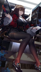 Rule 34 | 1girl, animal ears, arknights, arm up, bad id, bad pixiv id, belt, black footwear, black necktie, black pantyhose, black skirt, black vest, blurry, breasts, brown hair, brown pantyhose, calder, cat, cat ears, coat, commentary, depth of field, dutch angle, earrings, english commentary, envelope, high heels, highres, holding, holding envelope, holding pen, indoors, jewelry, large breasts, loafers, long hair, looking to the side, necktie, open clothes, open coat, orange eyes, pantyhose, pen, pleated skirt, red coat, shelf, shirt, shoes, single earring, sitting, skirt, skyfire (arknights), smile, solo, stairs, striped clothes, striped necktie, striped neckwear, thighband pantyhose, vertical-striped clothes, vertical-striped necktie, very long hair, vest, white shirt, wide sleeves