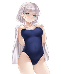 Rule 34 | 1girl, :o, absurdres, blue eyes, blue one-piece swimsuit, breasts, collarbone, commentary request, covered navel, grey hair, groin, hair between eyes, hair ornament, hairclip, hands up, highres, looking at viewer, medium breasts, one-piece swimsuit, original, parted lips, ren san, school swimsuit, short hair, simple background, solo, standing, swimsuit, towel, white background