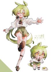 Rule 34 | + +, 1girl, animal-themed food, ascot, blush, brown footwear, chibi, collared shirt, commentary request, drooling, green hair, green shorts, hair between eyes, highres, long hair, long sleeves, looking at food, low ponytail, multicolored eyes, one eye closed, outstretched arms, ponytail, puffy sleeves, rt26, shirt, shorts, socks, tongue, tongue out, voicevox, white shirt, zunda mochi, zundamon