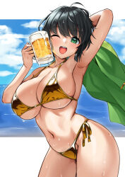 Rule 34 | 1girl, absurdres, alcohol, arm up, armpits, beer, bikini, black hair, blush, breasts, collarbone, cowboy shot, cup, gold bikini, green eyes, highres, holding, holding cup, kyoumachi seika, large breasts, letterboxed, looking at viewer, navel, ocean, one eye closed, open mouth, short hair, side-tie bikini bottom, smile, solo, standing, swimsuit, teeth, tenneko yuuri, underboob, upper teeth only, voiceroid, wet