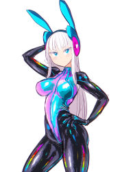 Rule 34 | 1girl, animal ears, arm up, black bodysuit, blue eyes, blue leotard, blush, bodysuit, bunny day, closed mouth, commentary request, electro emilia, fake animal ears, hand on own hip, headgear, ken (koala), leotard, long hair, long sleeves, looking at viewer, original, pale skin, rabbit ears, shiny clothes, simple background, skin tight, solo, turtleneck, white background, white hair