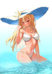 Rule 34 | 1girl, absurdres, bikini, blonde hair, blue background, blush, breasts, cleavage, dark-skinned female, dark skin, elf, gradient background, hat, highres, hololive, kneeling, large breasts, long hair, looking at viewer, navel, o-ring, o-ring bottom, oniku (o29sukizero), orange eyes, parted lips, partially submerged, pointy ears, shiranui flare, smile, solo, stomach, sun hat, swimsuit, very long hair, virtual youtuber, water, white background, white bikini, white hat