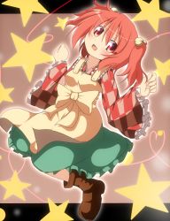Rule 34 | 1girl, apron, bell, blush, checkered clothes, checkered shirt, do (4-rt), female focus, hair bell, hair ornament, highres, jingle bell, long sleeves, looking at viewer, motoori kosuzu, open mouth, red eyes, red hair, shirt, short hair, smile, solo, touhou, twintails, two side up, wide sleeves