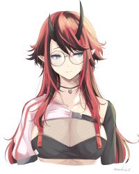 Rule 34 | 1girl, bikini, black bikini, black hair, blue eyes, breasts, cleavage, closed mouth, commentary request, compression sleeve, cropped torso, demon girl, demon horns, ear piercing, expressionless, fishnet top, fishnets, glasses, grey-framed eyewear, highres, horns, jacket, jewelry, kichihachi, large breasts, long hair, looking to the side, multicolored hair, nanashi inc., necklace, official alternate costume, piercing, pointy ears, red hair, round eyewear, ryugasaki rene, ryugasaki rene (2nd costume), shrug (clothing), simple background, single sleeve, solo, striped clothes, striped jacket, sugar lyric, swimsuit, two-tone hair, underboob, upper body, virtual youtuber, white background, white jacket