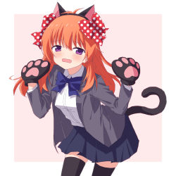 Rule 34 | 1girl, animal ears, animal hands, bad id, bad pixiv id, black thighhighs, blue bow, blue bowtie, blue skirt, blush, bow, bowtie, breasts, cat ears, cat paws, cat tail, collared shirt, commentary, cowboy shot, fake animal ears, gekkan shoujo nozaki-kun, grey jacket, hair between eyes, hair bow, hands up, jacket, long hair, long sleeves, looking at viewer, open mouth, orange hair, oueo, pleated skirt, polka dot, polka dot bow, purple eyes, rouman academy school uniform, sakura chiyo, school uniform, shirt, skirt, solo, standing, tail, thighhighs, two-tone background, white background, white shirt, zettai ryouiki