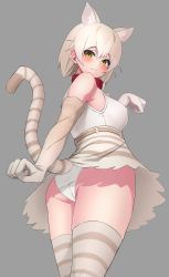 Rule 34 | 1girl, :3, absurdres, animal ear fluff, animal ears, ass, bare shoulders, beige gloves, blush, breasts, cat (kemono friends), cat ears, cat girl, cat tail, collar, covered erect nipples, cowboy shot, deku suke, elbow gloves, extra ears, fang, fang out, flat ass, gloves, grey background, hair between eyes, high-waist skirt, highres, kemono friends, looking at viewer, looking back, medium breasts, panties, paw pose, red collar, simple background, skin fang, skirt, solo, striped clothes, striped tail, striped thighhighs, tail, thighhighs, underwear, white panties, yellow eyes