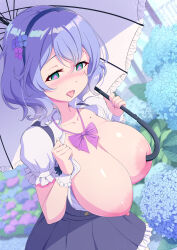 Rule 34 | 1girl, absurdres, aqua eyes, black skirt, blue flower, blurry, blurry background, blush, breasts, breasts out, clenched hands, clover-shaped pupils, collarbone, collared shirt, commentary request, flower, hair between eyes, hair flower, hair ornament, hairband, highres, holding, holding umbrella, hydrangea, large breasts, looking at viewer, mole, nipples, nose blush, open mouth, original, overall skirt, purple hair, sakamata (sakamata4), shiny skin, shirt, short hair, short sleeves, skirt, smile, solo, standing, symbol-shaped pupils, tongue, tongue out, umbrella, white shirt