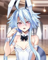 Rule 34 | 1girl, alternate costume, animal ears, artist name, bare shoulders, black bow, black bowtie, blanc (neptunia), blue hair, blush, bow, bowtie, breasts, collarbone, embarrassed, fake animal ears, hair between eyes, hairband, holding, holding tray, leotard, long hair, looking at viewer, medium breasts, messy hair, neptune (series), nyamota, parted lips, playboy bunny, power symbol-shaped pupils, rabbit ears, red eyes, sidelocks, signature, solo, spiked hair, symbol-shaped pupils, tray, white heart (neptunia), wrist cuffs