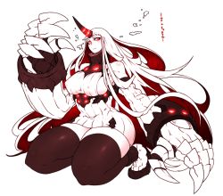 Rule 34 | 10s, 1girl, abyssal ship, bare shoulders, breasts, claws, curvy, dress, covered erect nipples, female focus, full body, glowing, good meat day, highres, horns, hutago, kantai collection, kneeling, large breasts, long hair, looking at viewer, red eyes, ribbed dress, ribbed sweater, seaport princess, short dress, sideboob, single horn, solo, sweater, thick thighs, thighs, very long hair, white background, white hair, wide hips