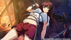 Rule 34 | 1girl, breasts, breasts apart, brown eyes, brown hair, chain, classroom, covered erect nipples, floating hair, from below, hair down, highres, ikkitousen, large breasts, lens flare, long hair, medium breasts, midriff, navel, night, official art, open mouth, panties, red shorts, restrained, shirt, short sleeves, shorts, solo, sonken chuubou (shin ikkitousen), standing, stomach, straight hair, t-shirt, torn clothes, torn shirt, torn shorts, underwear, very long hair, white panties, white shirt