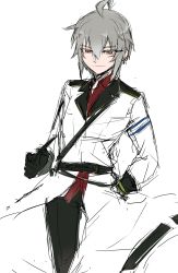 Rule 34 | 1boy, absurdres, agtt25333, belt, black gloves, closed mouth, collared shirt, facial scar, gangut (kancolle), genderswap, genderswap (ftm), gloves, grey hair, hair between eyes, hand in pocket, highres, jacket, kantai collection, long sleeves, male focus, military, military uniform, no headwear, no headwear, orange eyes, red eyes, red shirt, scar, scar on cheek, scar on face, shirt, simple background, smile, solo, uniform, white background, white jacket