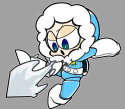 Rule 34 | 1boy, backpack, bag, blowing, blue eyes, breath weapon, breathing ice, cold man, gloves, grey background, hood, ice, ice man, mega man (classic), mega man (series), no nose, open mouth, parka, robot, solo, suyasuyasue, white footwear, white gloves
