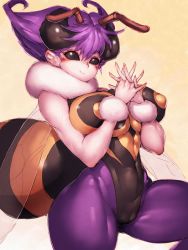 Rule 34 | 1girl, antenna hair, bare shoulders, breasts, cameltoe, commentary request, covered navel, covered erect nipples, fumio (rsqkr), highres, arthropod girl, interlocked fingers, large breasts, leg lift, light smile, looking at viewer, monster girl, pantyhose, puffy nipples, purple hair, q-bee, short hair, solo, thick thighs, thighs, vampire (game), yellow background