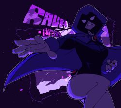 Rule 34 | 1girl, absurdres, artist request, belt, breasts, cape, colored skin, dc comics, forehead jewel, gloves, highres, hood, hood up, leotard, looking at viewer, medium breasts, raven (dc), simple background, solo, teen titans, thighs