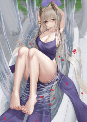 Rule 34 | 1girl, absurdres, armpits, arms up, bathtub, blush, breasts, closed mouth, feet, grey hair, highres, horns, ichikushi mojibake, large breasts, long hair, looking at viewer, original, partially submerged, smile, solo, thighs, toes, water