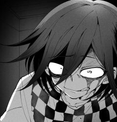 Rule 34 | 1boy, :q, blood, blood on face, checkered clothes, checkered scarf, collarbone, crazy, danganronpa (series), danganronpa v3: killing harmony, greyscale, hair between eyes, looking at viewer, male focus, monochrome, oma kokichi, portrait, scarf, shachoo (poco poco), solo, tongue, tongue out