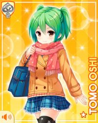 Rule 34 | 1girl, bow, brown eyes, card (medium), character name, closed mouth, coat, girlfriend (kari), green hair, hair bow, halftone, halftone background, looking at viewer, official art, orange background, oshi tomo, plaid, plaid skirt, qp:flapper, scarf, school uniform, skirt, smile, solo, sparkle, star (symbol), starry background, tagme, winter clothes, winter coat
