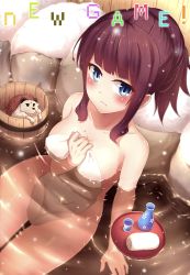 Rule 34 | 10s, 1girl, alcohol, animal, arm at side, arm support, bath, bathing, blue eyes, blush, breasts, brown hair, bu li, bucket, choko (cup), cleavage, closed mouth, collarbone, completely nude, copyright name, covering privates, cup, embarrassed, eyebrows, from above, hedgehog, holding, holding towel, large breasts, long hair, looking at viewer, looking to the side, mole, mole on breast, motion blur, naked towel, new game!, nude, nude cover, onsen, partially submerged, ponytail, ripples, rock, sake, sidelocks, sitting, snow, snowing, soujirou (new game!), steam, takimoto hifumi, tokkuri, towel, tray, water, wet, wooden bucket