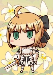 Rule 34 | 1girl, ahoge, april fools, armor, armored dress, artoria pendragon (fate), blonde hair, blush stickers, caliburn (fate), chibi, fate/grand order, fate/stay night, fate/unlimited codes, fate (series), green eyes, riyo (lyomsnpmp), saber (fate), saber lily, solo, sword, weapon