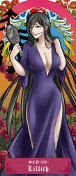 Rule 34 | 1girl, art nouveau, black eyes, black hair, breasts, character name, cleavage, dragon ash, dress, flower, hand mirror, highres, large breasts, lips, long hair, mirror, mouth hold, scales, scp-336, scp foundation, solo, tarot, very long hair