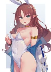 Rule 34 | 1girl, :3, alternate breast size, alternate costume, animal ears, aqua eyes, areola slip, arknights, armlet, blush, breasts, brown hair, choker, fake animal ears, flying sweatdrops, highleg, highleg leotard, highres, jacket, leotard, long hair, long sleeves, looking at viewer, myrtle (arknights), nitro (mugityaoisii), off shoulder, open clothes, open jacket, parted lips, playboy bunny, pointy breasts, pointy ears, rabbit ears, simple background, small breasts, solo, sweat, two-tone background, upper body, very long hair, white jacket, white leotard, yellow choker