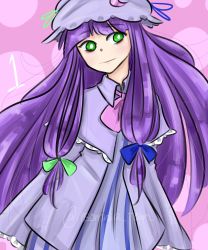 Rule 34 | 1girl, absurdres, alternate color, bags under eyes, blue bow, bow, bright pupils, dress, frills, green bow, green eyes, hat, highres, long hair, patchouli knowledge, pink background, pink neckwear, purple dress, purple hair, smile, solo, tem (insomnia tem), touhou, white frills, white pupils