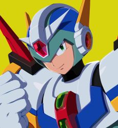 Rule 34 | 1boy, absurdres, android, armor, blue headwear, closed mouth, commentary request, fourth armor x (mega man), gloves, green eyes, hand up, helmet, highres, hoshi mikan, looking at viewer, male focus, mega man (series), mega man x4, mega man x (series), portrait, robot ears, simple background, smile, solo, white gloves, x (mega man), yellow background
