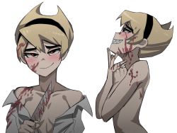 Rule 34 | 1girl, animification, black eyes, blonde hair, blood, blood on face, bloody knife, blouse, blush, breasts, closed mouth, collarbone, covering privates, covering breasts, from side, grin, half-closed eyes, hand on own chin, highres, jacket, jourd4n, knife, looking at viewer, mandy (billy &amp; mandy), mandy (grim adventures), multiple views, nude, open clothes, open shirt, sharp teeth, shirt, short hair, simple background, small breasts, smile, teeth, the grim adventures of billy &amp; mandy, white background, white jacket, yandere