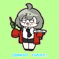 Rule 34 | 1girl, :3, ahoge, assault lily, black footwear, black necktie, black shorts, buttons, chibi, closed eyes, collared shirt, commentary, dango, flower (symbol), food, food on face, full body, green background, grey hair, hands up, highres, holding, holding food, holding plate, jacket, konpeitoull (c12h22o11 tr 6), long hair, long sleeves, necktie, off shoulder, official alternate costume, open mouth, outline, pink outline, plate, red jacket, sasaki ran, shirt, shoes, shorts, simple background, sleeves past fingers, sleeves past wrists, smile, solo, wagashi, white shirt
