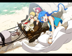 Rule 34 | 1girl, 2boys, :o, aladdin (magi), ali baba saluja, arm up, bad id, bad pixiv id, bare shoulders, barefoot, black eyes, blonde hair, blue hair, braid, butterfly sitting, covered wagon, dirt road, dress, dust cloud, flying, hand on own head, horse, jewelry, letterboxed, long hair, magi the labyrinth of magic, magic carpet, morgiana, multiple boys, necklace, one side up, open mouth, outdoors, own hands together, pendant, photoshop (medium), red hair, reins, riding, road, saitou masatsugu, single braid, sitting, v arms, vest, wagon
