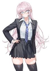 Rule 34 | 1girl, :/, arm at side, black jacket, black nails, black skirt, black thighhighs, blazer, blue eyes, blue necktie, blunt bangs, blush, closed mouth, collared shirt, commentary request, contrapposto, cowboy shot, dress shirt, foolish potato, glasses, hair down, highres, jacket, long hair, looking at viewer, loose necktie, nail polish, nanakusa nazuna (yofukashi no uta), necktie, open clothes, open jacket, pink hair, pleated skirt, ringed eyes, shirt, shirt tucked in, sidelocks, simple background, skirt, solo, standing, thighhighs, very long fingernails, very long hair, white background, white shirt, yofukashi no uta