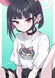 Rule 34 | 1girl, animal ears, black choker, black hair, black jacket, black mask, blue archive, blush, cat ears, choker, closed mouth, colored inner hair, extra ears, halo, highres, jacket, jacket on shoulders, kazusa (band) (blue archive), kazusa (blue archive), looking at viewer, mask, mask pull, mizumi (artist), mouth mask, multicolored hair, official alternate costume, pink hair, pink halo, red eyes, shirt, short hair, short sleeves, signature, solo, white shirt