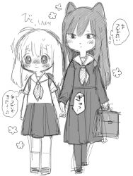 Rule 34 | 2girls, :3, age difference, bag, blush, commentary, full body, greyscale, highres, holding, holding bag, holding hands, itou hachi, kneehighs, long hair, long sleeves, monochrome, multiple girls, neckerchief, nose blush, onee-loli, pantyhose, pleated skirt, school uniform, serafuku, shirt, short sleeves, side-by-side, skirt, socks, speech bubble, standing, thought bubble, translated, yuri