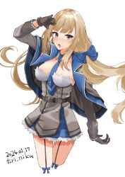 Rule 34 | 1girl, absurdres, artist name, between breasts, black gloves, blue bow, blue eyes, blue necktie, bow, breasts, capelet, cowboy shot, dated, detached collar, dress, garter straps, gloves, grey capelet, grey dress, highres, kantai collection, large breasts, light brown hair, long hair, low twintails, maryland (kancolle), multicolored capelet, necktie, necktie between breasts, one-hour drawing challenge, pleated dress, shirt, simple background, solo, strapless, strapless dress, toriniku (tori niku1998), twintails, white background, white shirt