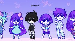 Rule 34 | 2girls, 3boys, absurdres, animated, animated gif, aubrey (headspace) (omori), aubrey (omori), basil (headspace) (omori), basil (omori), black hair, blue dress, blue overalls, blush, bow, closed eyes, closed mouth, copyright name, cutenikechan, dress, expressionless, green hair, grin, head wreath, hero (headspace) (omori), hero (omori), highres, kel (headspace) (omori), kel (omori), long hair, mari (headspace) (omori), mari (omori), multiple boys, multiple girls, omori, omori (omori), open mouth, overalls, pink bow, purple hair, short hair, short sleeves, shorts, sidelocks, smile, vertical-striped pajamas, very long hair