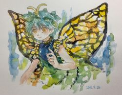 Rule 34 | 1girl, antennae, aqua hair, butterfly wings, closed mouth, dated, dress, eternity larva, fairy, green dress, hair between eyes, highres, insect wings, leaf, leaf on head, multicolored clothes, multicolored dress, one-hour drawing challenge, painting (medium), shiroma (mamiko), short hair, single strap, smile, solo, touhou, traditional media, watercolor (medium), wings, yellow eyes