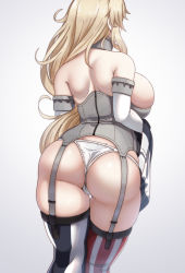 Rule 34 | 1girl, american flag legwear, ass, asymmetrical legwear, back, blonde hair, breasts, corset, elbow gloves, from behind, garter straps, gloves, highres, holding, holding clothes, iowa (kancolle), kantai collection, konoshige (ryuun), large breasts, long hair, mismatched legwear, panties, plump, shoulder blades, simple background, skindentation, solo, striped clothes, striped thighhighs, thigh gap, thighhighs, thighs, underwear, vertical-striped clothes, vertical-striped thighhighs, white gloves, white panties, zipper