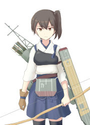 Rule 34 | 10s, 1girl, archery, arka, arrow (projectile), bad id, bad pixiv id, black thighhighs, blush, bow (weapon), brown eyes, brown hair, flight deck, gloves, japanese clothes, kaga (kancolle), kantai collection, kyuudou, muneate, partially fingerless gloves, partly fingerless gloves, personification, quiver, serious, short hair, side ponytail, single glove, skirt, solo, thighhighs, weapon, yugake