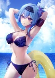 Rule 34 | 1girl, armband, armpits, arms behind head, arms up, bikini, black hairband, blue bikini, blue hair, blue sky, breasts, cleavage, cloud, commentary request, cowboy shot, day, eula (genshin impact), genshin impact, hairband, highres, innertube, kmes niku, large breasts, looking at viewer, navel, ocean, parted lips, partial commentary, purple eyes, short hair, side-tie bikini bottom, sky, solo, standing, stomach, swim ring, swimsuit, water