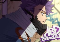 Rule 34 | 1boy, bags under eyes, boku no hero academia, dated, from side, graffiti, industrial pipe, looking ahead, male focus, mask, outdoors, parted lips, profile, purple eyes, purple hair, rnuyvm, scarf, shinsou hitoshi, short hair, sidelighting, solo, spiked hair, u.a. gym uniform, urban, white scarf