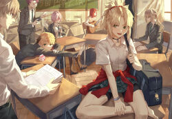 Rule 34 | 3girls, 4boys, acoustic guitar, bag, bedivere (fate), blonde hair, chair, classroom, commentary request, contemporary, desk, fate/grand order, fate (series), gareth (fate), gawain (fate), grey hair, guitar, high ponytail, highres, indoors, instrument, lancelot (granblue fantasy), long hair, mash kyrielight, mordred (fate), mordred (fate/apocrypha), multiple boys, multiple girls, on desk, pink hair, playing guitar, red hair, school bag, school chair, school desk, school uniform, shirt, short hair, sitting, tesin (7aehyun), tristan (fate), white shirt