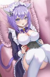 Rule 34 | 1girl, absurdres, animal ears, breasts, cat ears, cleavage, highres, hololive, large breasts, long sleeves, looking at viewer, maid, nekomata okayu, nintendo switch, open mouth, purple eyes, purple hair, smile, solo, torakichi 888, virtual youtuber